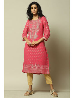 Rangriti - Women Pink Polyester Straight Printed Kurta