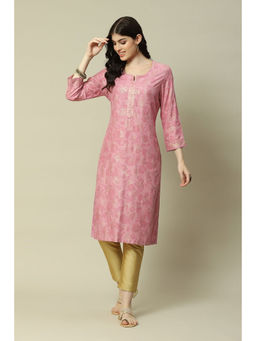 Rangriti - Women Pink Rayon Printed Straight Kurta