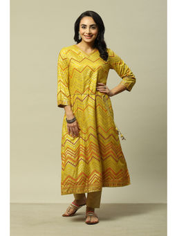 Rangriti - Women Yellow Liva Straight Printed Kurta