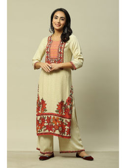 Rangriti - Women Ecru Liva Straight Printed Kurta