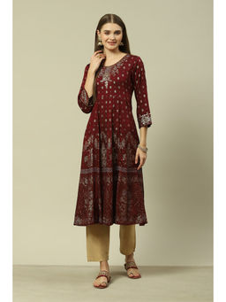 Rangriti - Women Maroon Poly Viscose Kalidar Printed Dress