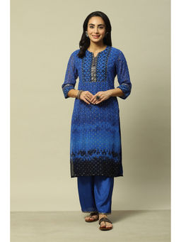 Rangriti - Women Cobalt Blue Polyester Straight Printed Kurta