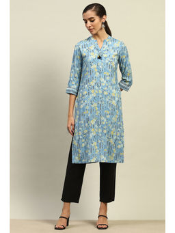 Rangriti - Women Aqua Rayon Printed Straight Kurta
