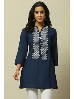 Rangriti - Women Navy Blue Schiffli Detail Straight Indie Kurti