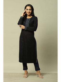 Rangriti - Women Black Cotton Blend Yarn Dyed Kurta