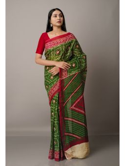 Unnati Silks - Green Pure Bandhani Kota Cotton Saree with Unstitched Blouse