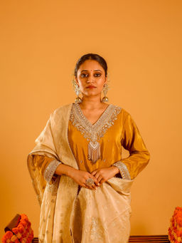 OHH CROW - Gold Straight Length Kurta with Pant and Dupatta (Set of 3)