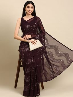 VAIRAGEE - Wine Embellished Sequined Georgette Celebrity Saree with Unstitched Blouse