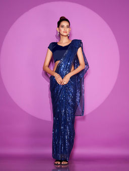 Tikhi Imli - Ready To Wear Navy Blue Net Sequins Work Saree with Unstitched Blouse