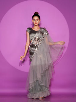 Tikhi Imli - Ready To Wear Grey Net & Lycra Saree with Embellished Pallu with Unstitched Blouse