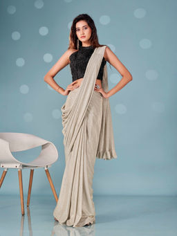 Tikhi Imli - Ready To Wear Silver Lycra Saree with Velvet Unstitched Blouse