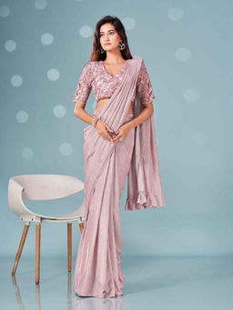 Tikhi Imli - Ready To Wear Lavender Lycra Saree with Net Embellished Unstitched Blouse