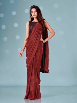 Tikhi Imli - Ready To Wear Maroon Lycra Saree with Net Embellished Unstitched Blouse