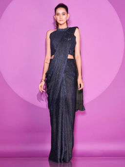 Tikhi Imli - Ready To Wear Navy Blue Lycra Saree with Net Embellished Unstitched Blouse