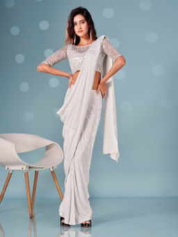 Tikhi Imli - Ready To Wear Silver Pleated Saree with Sequinned Unstitched Blouse