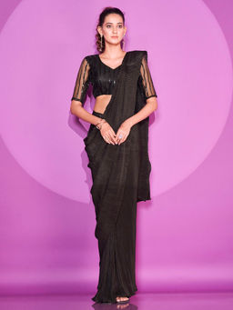 Tikhi Imli - Ready To Wear Black Pleated Saree with Embellished Unstitched Blouse
