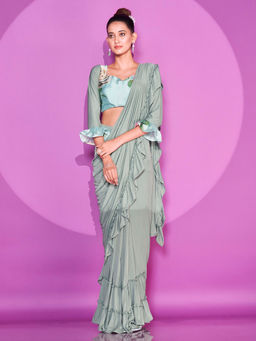 Tikhi Imli - Ready To Wear Green Colour Ruffle Saree with Unstitched Blouse