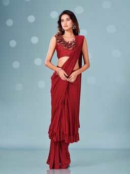 Tikhi Imli - Ready To Wear Maroon Ruffle Saree with Print Unstitched Blouse