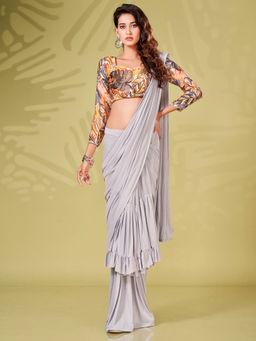 Tikhi Imli - Ready To Wear Grey Ruffle Saree with Printed Unstitched Blouse