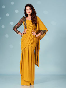 Tikhi Imli - Ready To Wear Mustard Lycra Ruffle Saree with Printed Unstitched Blouse