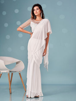 Tikhi Imli - Ready To Wear White Lycra Saree with Net Embroidery Unstitched Blouse
