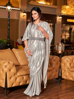 Tikhi Imli - Silver Designer Kaftan Saree with Sequins Work and Belt with Unstitched Blouse