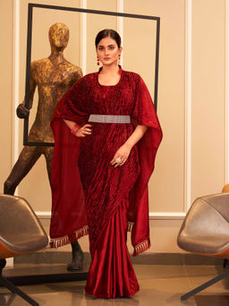Tikhi Imli - Red Designer Embellished Velvet & Satin Kaftan Saree & Belt with Unstitched Blouse