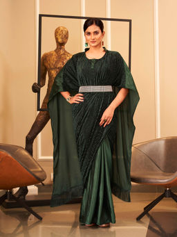 Tikhi Imli - Green Designer Velvet & Satin Kaftan Saree & Belt with Unstitched Blouse