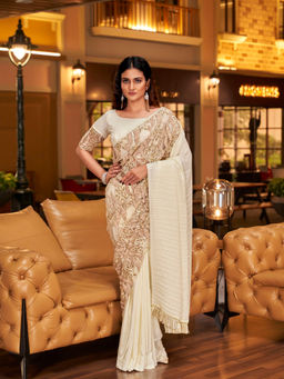 Tikhi Imli - Cream Fancy Embroidered Satin Pleated Half-Half Saree with Unstitched Blouse