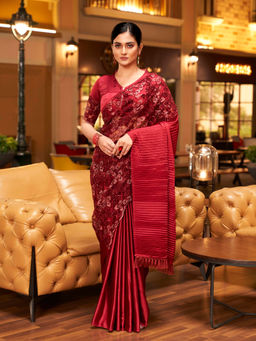 Tikhi Imli - Maroon Fancy Embroidered Satin Pleated Half-Half Saree with Unstitched Blouse