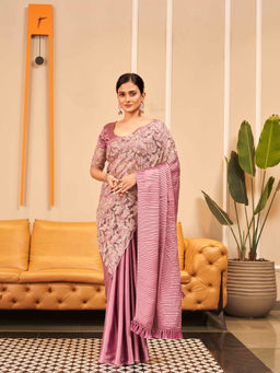 Tikhi Imli - Pink Fancy Embroidered Satin Pleated Half-Half Saree with Unstitched Blouse