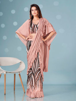 Tikhi Imli - Ready To Wear Pink Lycra Ruffle Saree with Sequins Embroidery with Unstitched Blouse