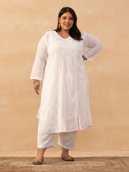 House of Chikankari - White Cotton Dobby Chikankari Solid Womens Long Angrakha Kurta