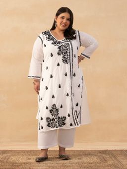 House of Chikankari - White Cotton Dobby Chikankari Solid Womens Long Angrakha Kurta