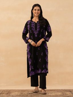 House of Chikankari - Black Rayon Chikankari Solid Womens Long Kurta