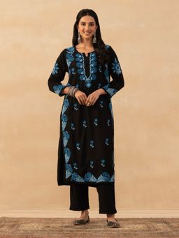 House of Chikankari - Black Rayon Chikankari Solid Women Long Kurta