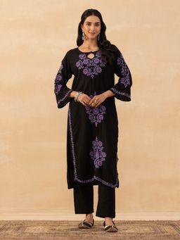 House of Chikankari - Black Rayon Chikankari Solid Womens Long Kurta