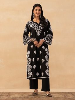 House of Chikankari - Black Rayon Chikankari Solid Womens Long Kurta