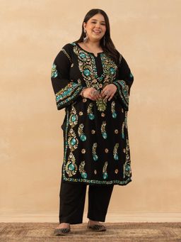 House of Chikankari - Black Rayon Chikankari Solid Womens Long Kurta