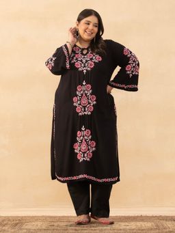 House of Chikankari - Black Rayon Chikankari Solid Womens Long Kurta