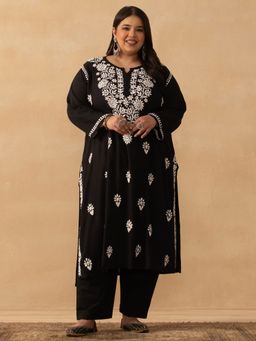 House of Chikankari - Black Rayon Chikankari Solid Womens Long Kurta