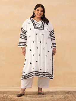 House of Chikankari - White Muslin Chikankari Solid Womens Long Kurta