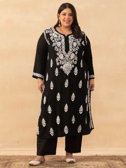House of Chikankari - Black Rayon Chikankari Solid Womens Long Kurta