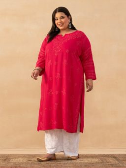 House of Chikankari - Red Rayon Chikankari Solid Womens Long Kurta