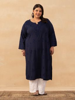 House of Chikankari - Navy Blue Rayon Chikankari Solid Womens Long Kurta
