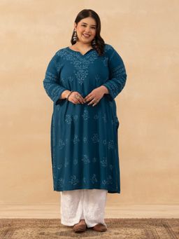 House of Chikankari - Teal Rayon Chikankari Solid Womens Long Kurta