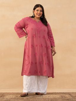 House of Chikankari - Pink Rayon Chikankari Solid Womens Long Kurta