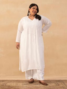 House of Chikankari - White Modal Chikankari Solid Womens Long Kurta