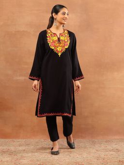 House of Chikankari - Black Wool Aari Embroidered Solid Womens Long Kurta