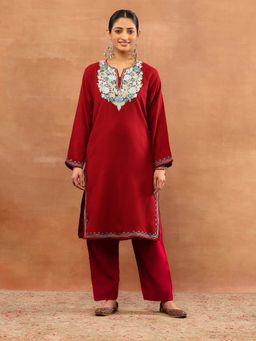 House of Chikankari - Red Wool Aari Embroidered Solid Womens Long Kurta